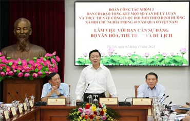 Đoàn khảo sát của BCĐ tổng kết một số vấn đề lý luận và thực tiễn về công cuộc đổi mới theo định hướng XHCN trong 40 năm qua ở Việt Nam làm việc tại Bộ VHTT&DL